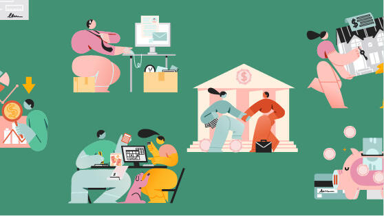 Abstract illustration of people using money in various life situations